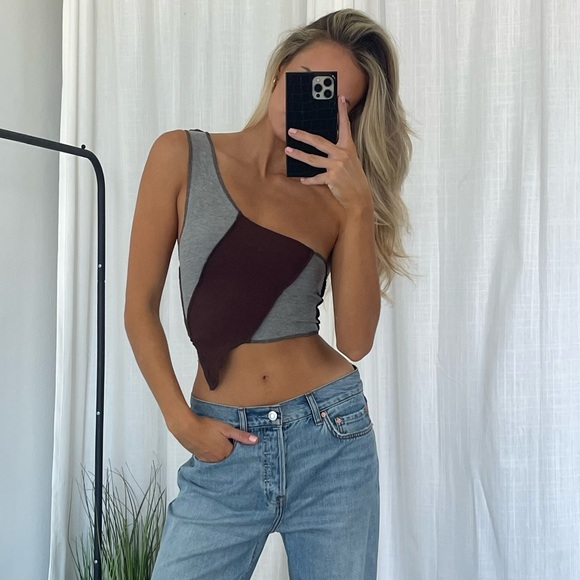 Revolve superdown crop top Y2K style xs brown grey one shoulder - Picture 1 of 5